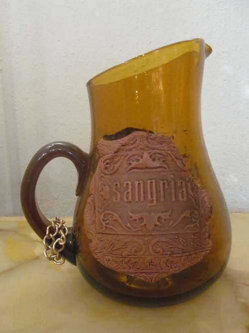 AMBER !! Vintage Amber Glass Water Jug / Pitcher with Applied Embossed Leatherette