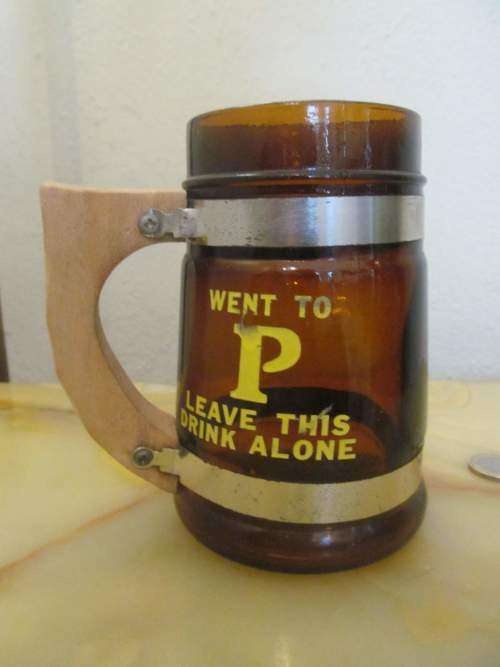 NOVELTY !! Vintage Tan Glass Functional Novelty Beer Tankard/Mug with Wood Handle