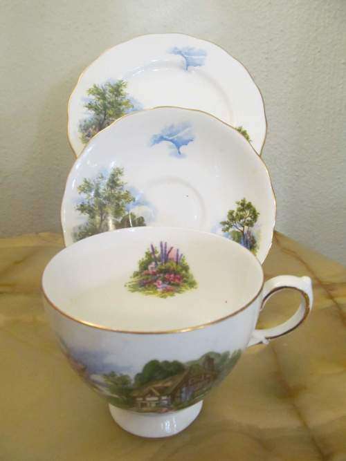 ROYAL VALE 2 !! Vintage 1959-1964 Royal Vale Fine Porcelain Country Cottage Tea Trio