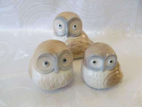 FIGURINES !! Vintage Lot/Set of Three Collectable Japanese Fine Porcelain Owl Figurines