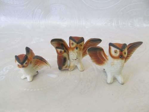 BISQUE !! Collectable Lot/Set of Three Miniature Bisque Porcelain Owl Figurines