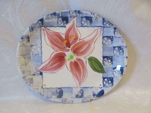 BELLADONNA LILY !! Vintage Underglaze Hand Painted Studio Art Ceramic Oval Platter - Signed