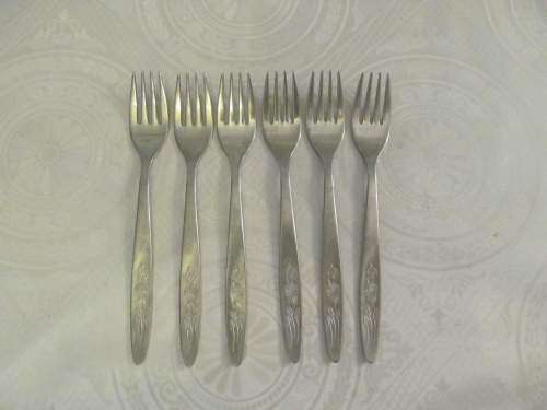 ALFA !! Vintage Lot/Set of 6 Identical "My Rose" Alfa (Eternum) Belgian Stainless Dessert Forks