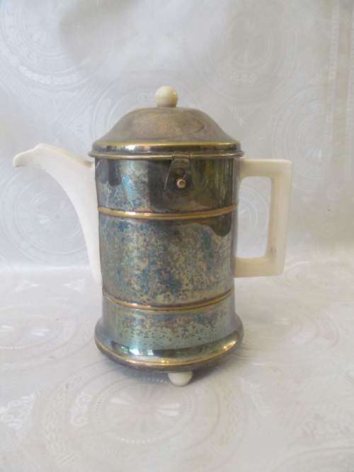EVERHOT !! Vintage 1940's Thermal Ceramic Tea/Coffee Pot with Silver Plated Cover