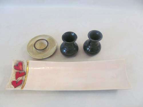 CERAMICA !! Vintage Lot of Ceramic Pair of Blue Vases, 1 Candle Holder & Studio Pottery Tray