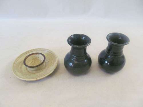 CERAMICA !! Vintage Lot of Ceramic Pair of Blue Vases, 1 Candle Holder & Studio Pottery Tray