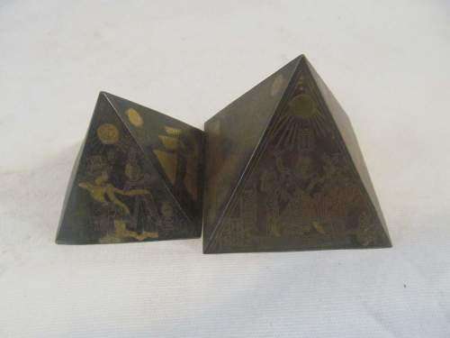 PYRAMIDS !! Vintage Lot of Two Graduating Composite Pyramid Ornaments - Brass Decorated