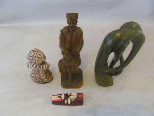 FIGURINES !! Vintage Lot of 3 Stone & Wood Figurines + 1 Ceramic Figurine Salt Shaker