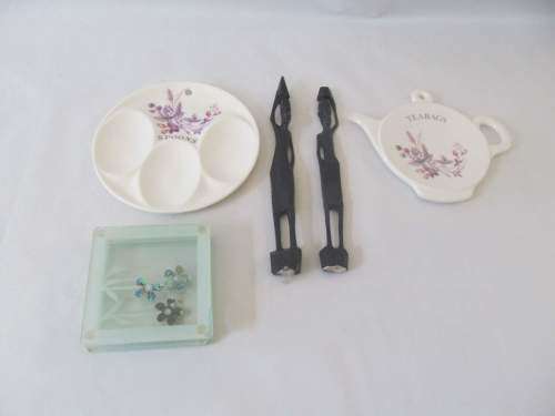 MIXED !! Vintage Lot of Teabag Holder & Matching Spoon Holder, 4 Glass Coasters + Figurines