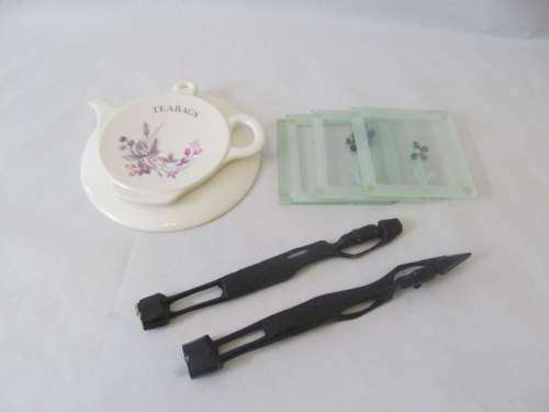 MIXED !! Vintage Lot of Teabag Holder & Matching Spoon Holder, 4 Glass Coasters + Figurines