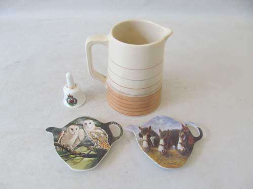 GRAYS !! Vintage Lot of Grays Pottery Milk Jug, 2 Melamine Teabag Holders & 1 Fine Porcelain Bell