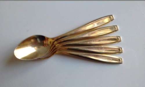GOLD PLATED !! Vintage Lot/Part Set of Five Identical Japanese Gold Plated Teaspoons