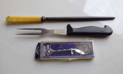 MIX !! Vintage Lot of Japanese Meat Fork, Cast Steel Knife Sharpener & Collectable Sugar Spoon