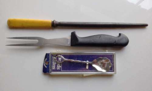 MIX !! Vintage Lot of Japanese Meat Fork, Cast Steel Knife Sharpener & Collectable Sugar Spoon