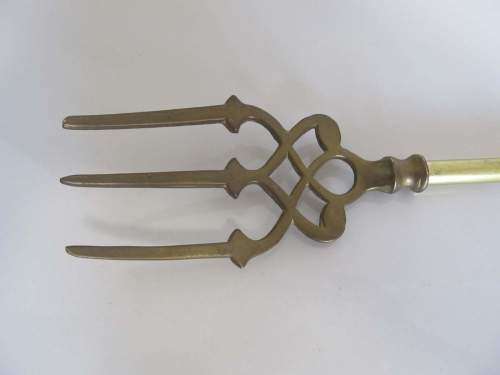 TRIDENT + !! Vintage Solid Brass Fireplace (Toasting) Trident Fork & 1 Stainless Fondue Fork