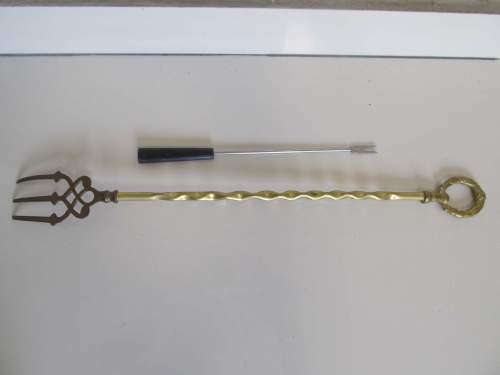 TRIDENT + !! Vintage Solid Brass Fireplace (Toasting) Trident Fork & 1 Stainless Fondue Fork