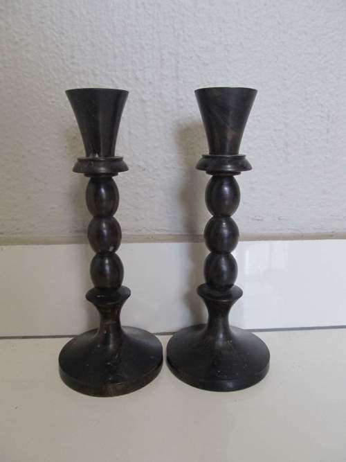 MACHINE TURNED !! Vintage Pair of Machine Turned and Polished Wood Candlesticks