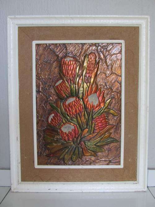 PROTEAS !! Large Framed Vintage Copperwork Still Life Decorative Piece - M Claassens