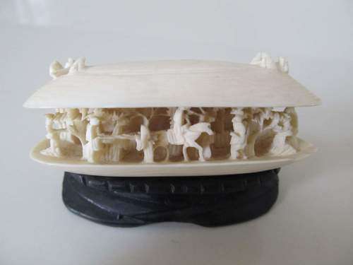 CANTONESE !! Rare Exquisitely Carved Bone Shell with Figural Scene on Carved Wood Stand