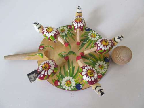 FOLK ART !! Rare Vintage Mediterranean Carved Wood Paddle Toy