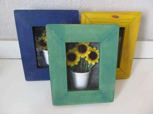 SUNFLOWERS !! Vintage Lot/Set of 3 Decorative Potted Sunflower Box Frames - Green, Blue and Yellow
