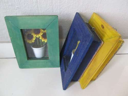 SUNFLOWERS !! Vintage Lot/Set of 3 Decorative Potted Sunflower Box Frames - Green, Blue and Yellow