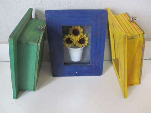 SUNFLOWERS !! Vintage Lot/Set of 3 Decorative Potted Sunflower Box Frames - Green, Blue and Yellow