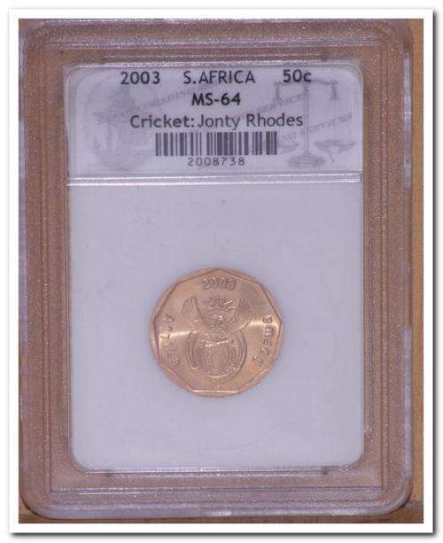 2003 Uncirculated Cricket-Jonty Rhodes -  50 cent MS64--SACGS Graded