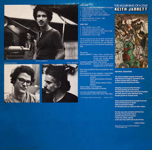 Keith Jarrett - The Mourning Of A Star  Vinyl LP (IMPORT) Excellent Condition