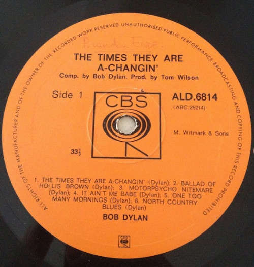 Bob Dylan - The Times They Are A-Changin` Vinyl LP c1965 Vey Good Condition