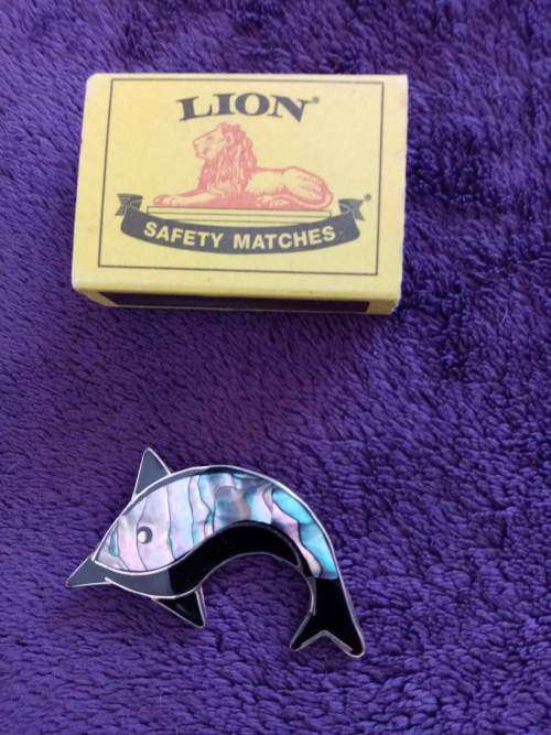 Mexican Alpaca Silver and Paua Abalone Shell Dolphin Brooches