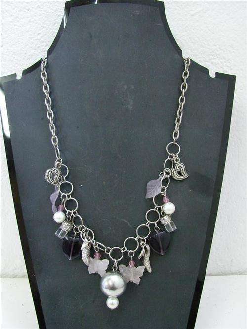 SILVER TONE NECKLACE WITH CHARMS/ PINK AND PURPLE