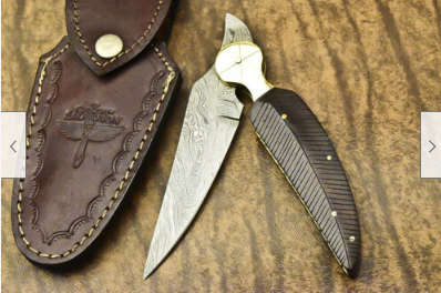 17.Damascus steel hand crafted folding knife with leather pouch walnut handle perfect gift!