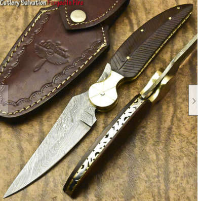 17.Damascus steel hand crafted folding knife with leather pouch walnut handle perfect gift!