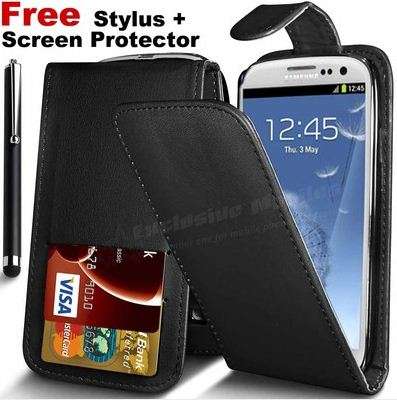 Samsung Galaxy S3 flip case cover BLACK free screen protector +stylus