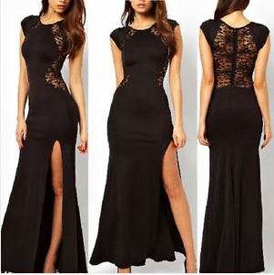 Sexy black dress party lace slit night club SIZE LARGE