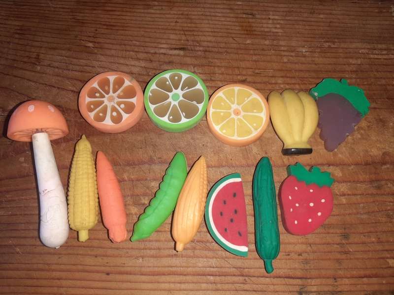 13 erasers, fruit and veg