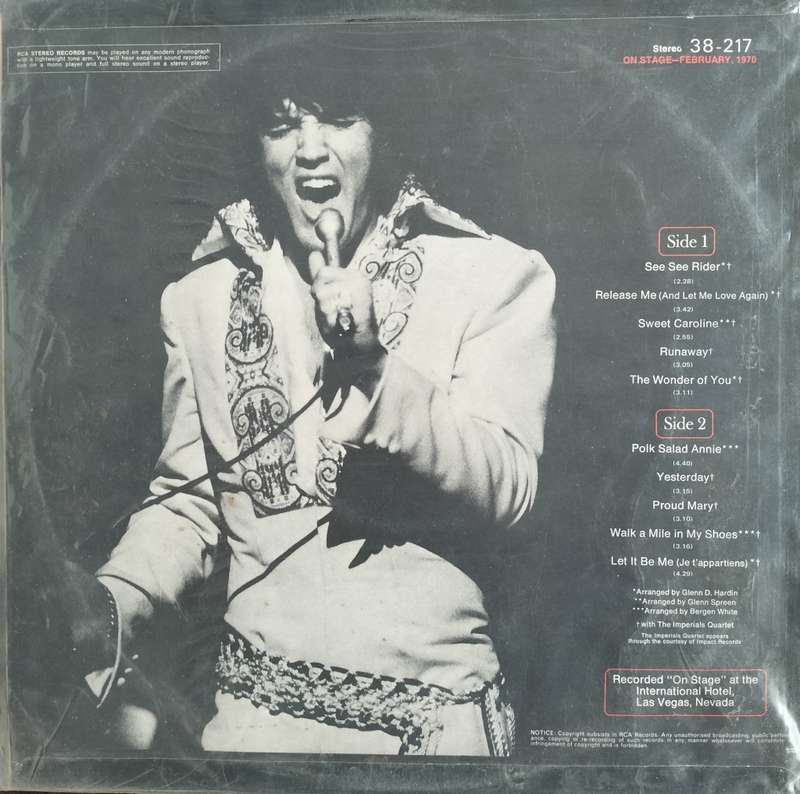 Vintage Vinyl / LP / Record - Elvis on stage 1970