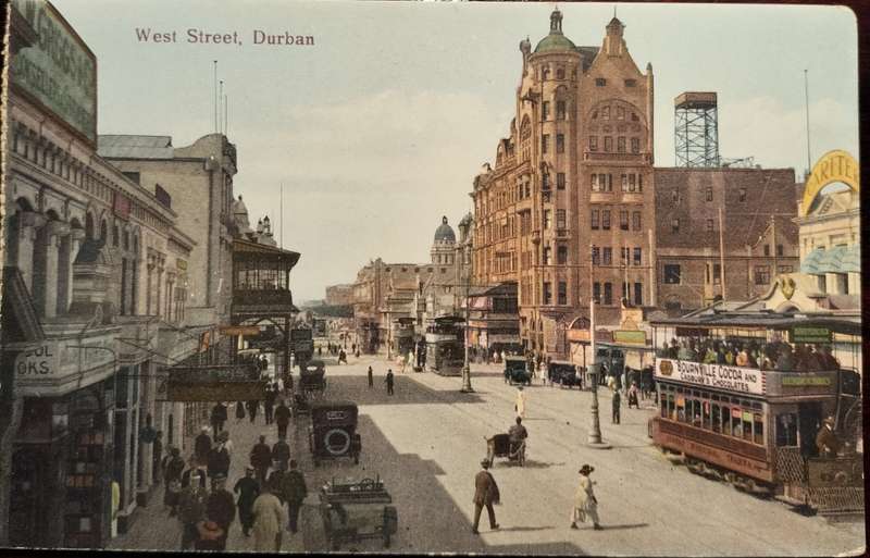 Vintage unused Picture Postcard - Durban - West Street (showing tram)