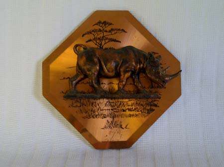 Copper plaque with plastic Rhino mold, African Bush, 20cm x 20cm