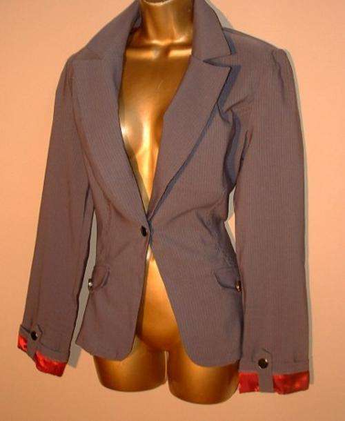 10 - 12 / 34 - 36 New ladies grey pinstripe suit jacket with pink satin cuff trim