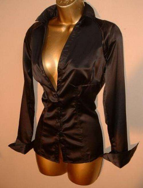 8 / 32 or 10 / 34 New ladies black FITTED satin look shirt - STUNNING!