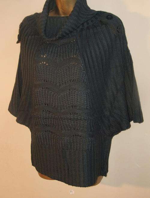 34 / 12 Slate grey, charcoal poncho, shawl throw miltary buttons, knitwear soft and easy to wear.