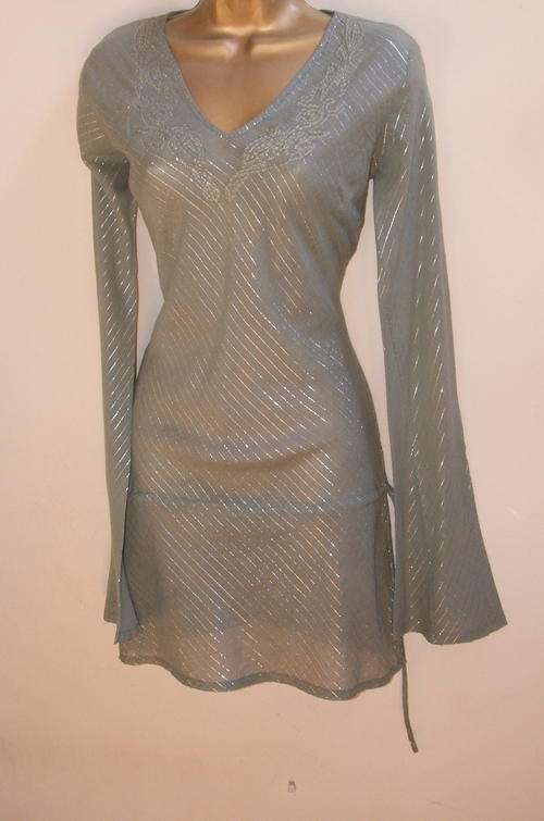 Khaki green silver thread 100% cotton long Indian tunic top drop waist tie ladies size medium / 10.