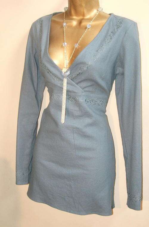 Size 34 - 36 10 - 12 New  tunic ladies SHIRT TOP blue colour back tie - gorgeous quality item.
