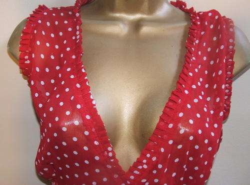 Size 10 or 12 ( 34 / 36) New pretty silky red and white polka dot dressy shirt top for ladies.