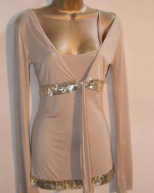 size 8 - 10  (32) long camisole top and cardi twin set GOLD dazzling sequin detail - very sassy !