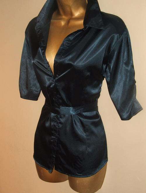 Size 10 - 12 (34 - 36) New azure satin look ladies dressy shirt top  WITH STRETCH ONE only !!