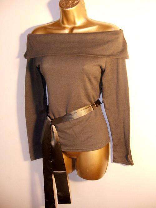 10 - 12 / 12 - 14 New ladies olive or black drop shoulder jersey top with satin belt.