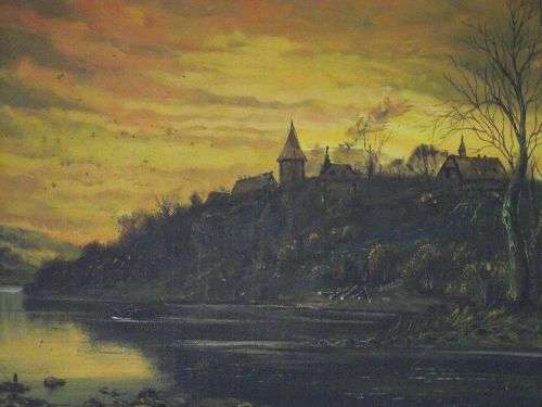 Oil painting by Orig Fischer with frame included - frame needs refitting.